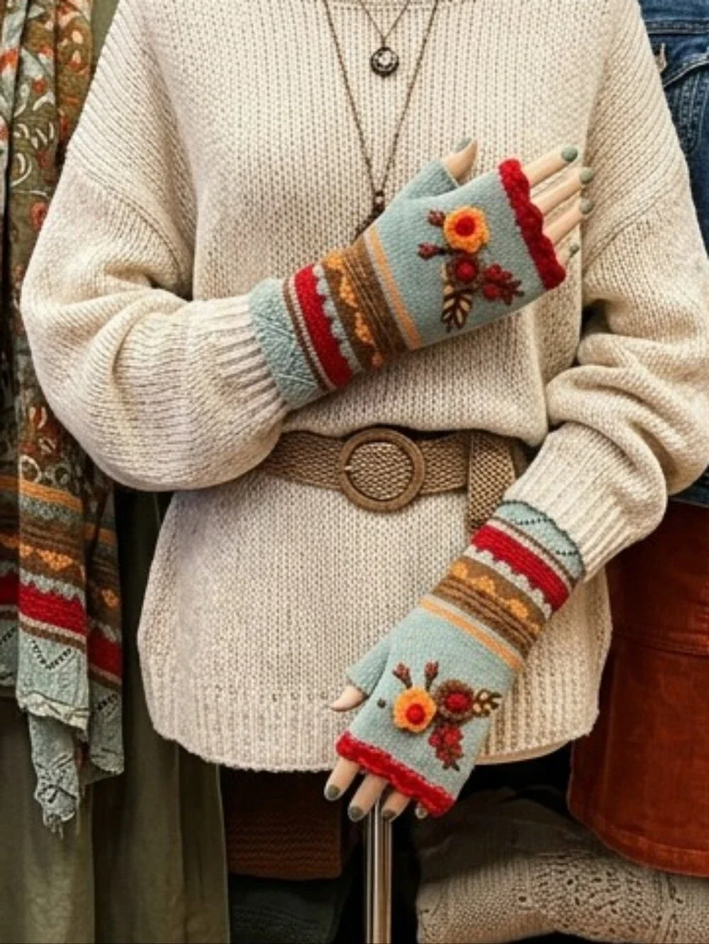 Sage 3D Floral  Embroidered Crochet Trim Knit Fingerless Gloves